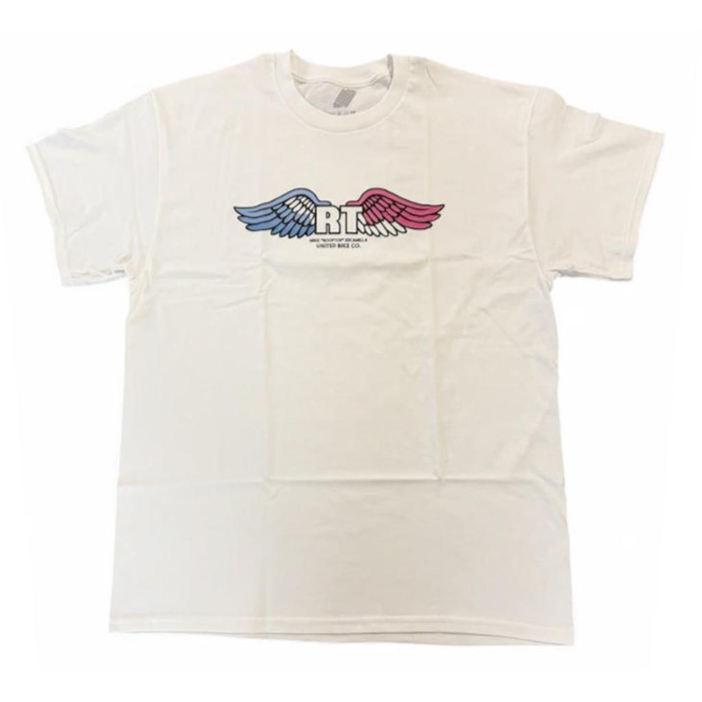 The United Rooftop T-Shirt is a white tee with blue and red wings, "RT" in the center, and subtle text below—an iconic design inspired by Mike Escamilla’s legendary style.