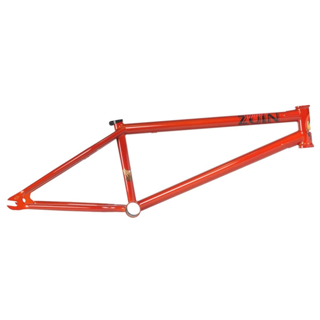 Red United Zuin BMX bike frame with the brand name "Zooin" displayed on the top tube and removable brake mounts.