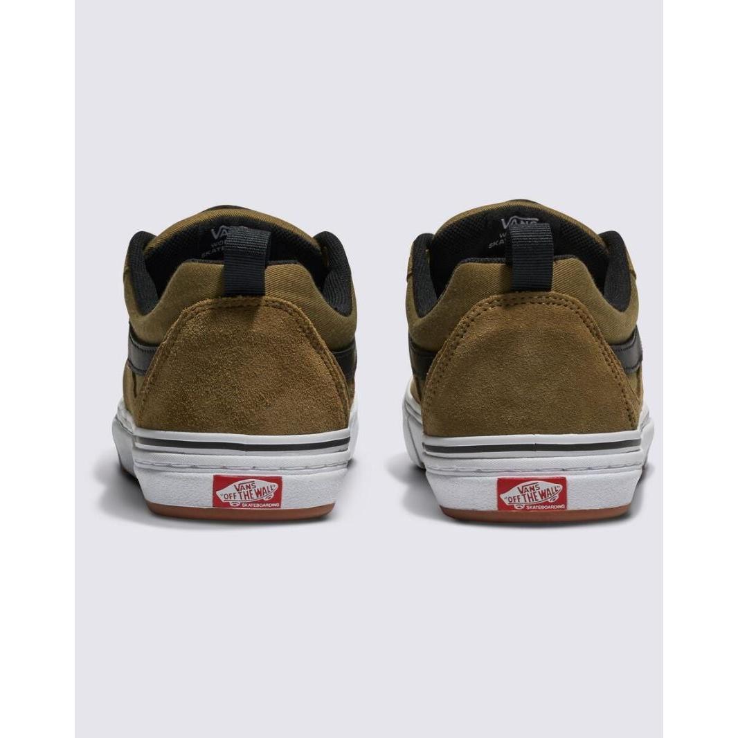 A pair of Gothic Olive suede sneakers with white soles, viewed from the back, featuring the Vans "Off The Wall" logo on the heels. These Vans Pro Skate Kyle Walker shoes boast DURACAP™ reinforcements for added durability and WAFFLECUP™ outsoles for superior grip and boardfeel.