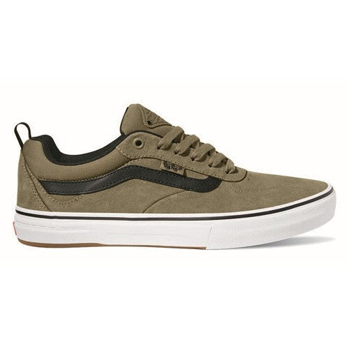 A side view of a single Vans Pro Skate Kyle Walker sneaker in Gothic Olive with black accents, a white midsole, and a brown gum WAFFLECUP™ outsole. This sneaker features a lace-up design, DURACAP™ reinforcement, and a pull tab at the heel.