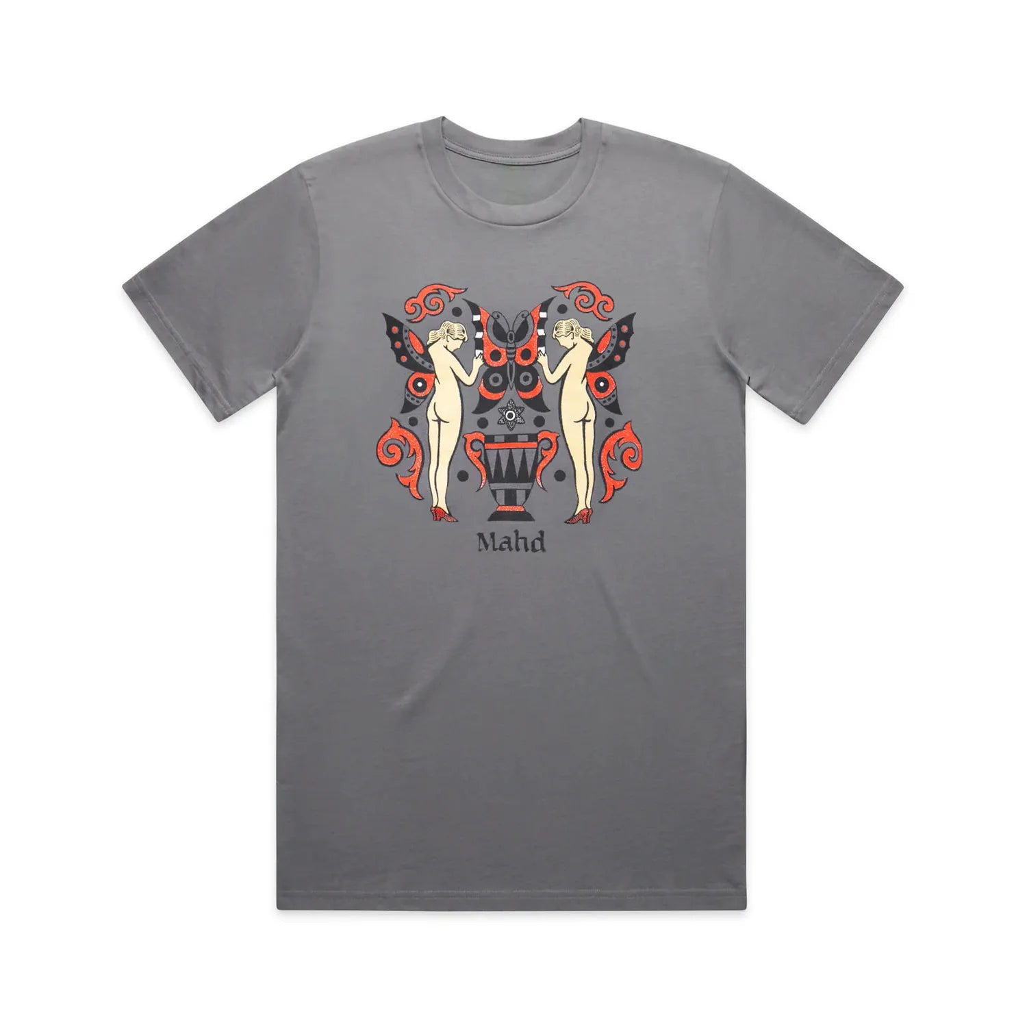 The Mahd Wesley Tee features an abstract design with two nude figures, red and black butterfly wings in traditional tattoo style, decorative red patterns, and "Mahd" printed below. Inspired by Cape Town artistry.