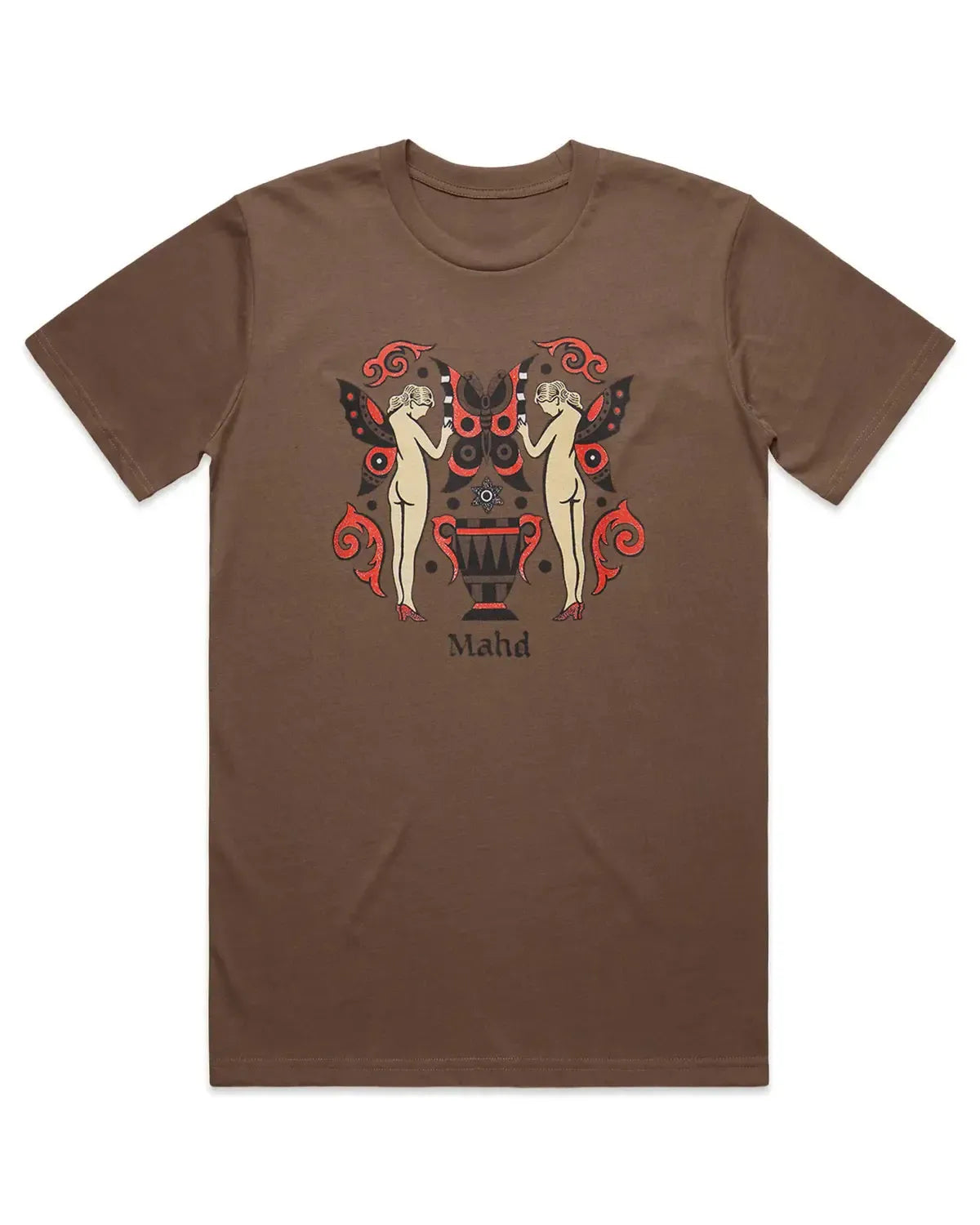 The Mahd Wesley Tee showcases a bold tattoo-style print: two nude women with butterfly wings, vivid red and black details, a central urn, and "Mahd" beneath—an ideal fit for Cape Town’s creative vibe.