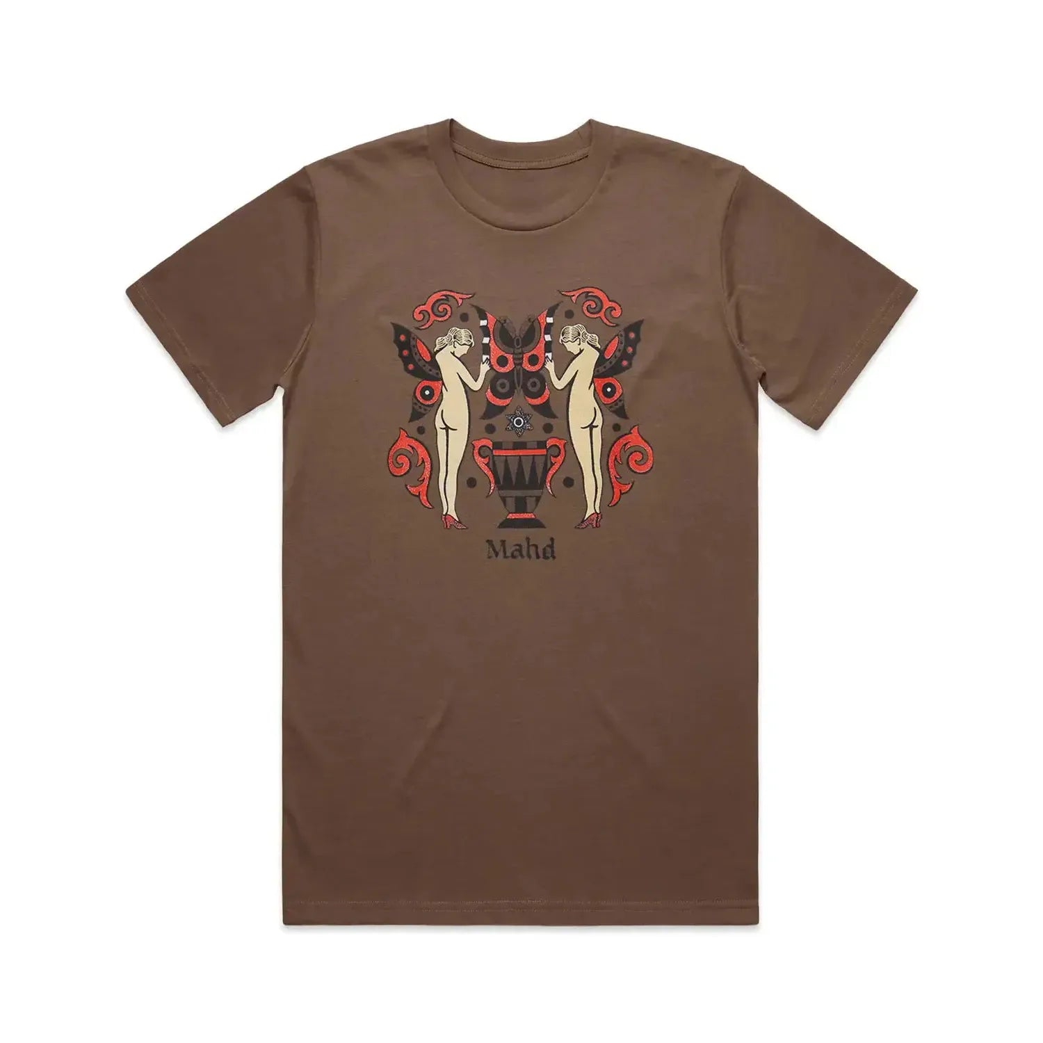 The Mahd Wesley Tee showcases a bold tattoo-style print: two nude women with butterfly wings, vivid red and black details, a central urn, and "Mahd" beneath—an ideal fit for Cape Town’s creative vibe.