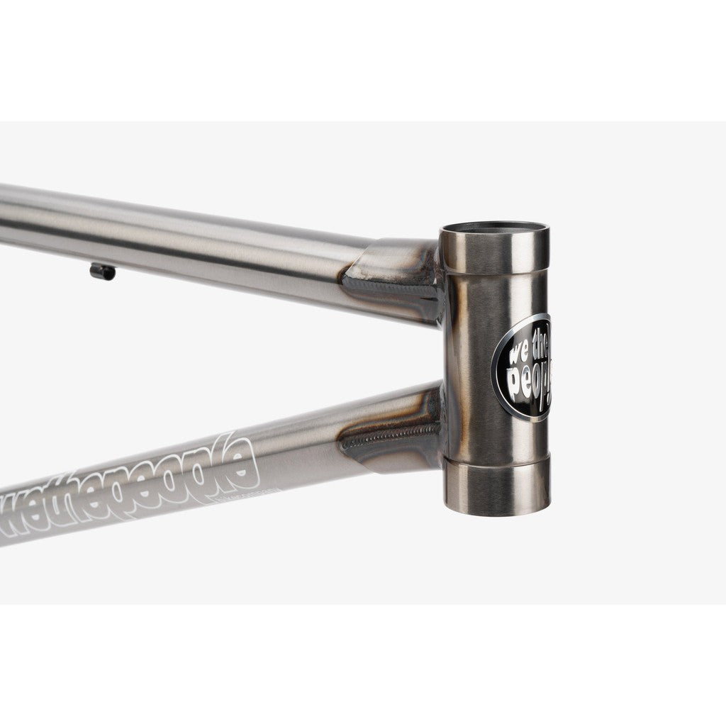Close-up of the metallic Wethepeople 4 Seasons BMX frame featuring a "we the people" logo on the head tube, highlighting its unique design in a limited-edition reissue.