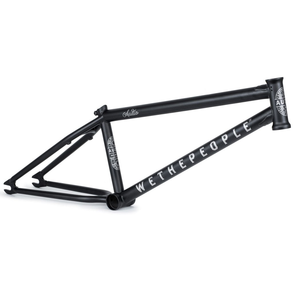 The Wethepeople Audio 22 Inch Frame/Fork Kit is a black BMX bike frame crafted from durable chromoly, featuring the brand "WeThePeople" printed in white on the bottom tube and "Audio" on the top tube.
