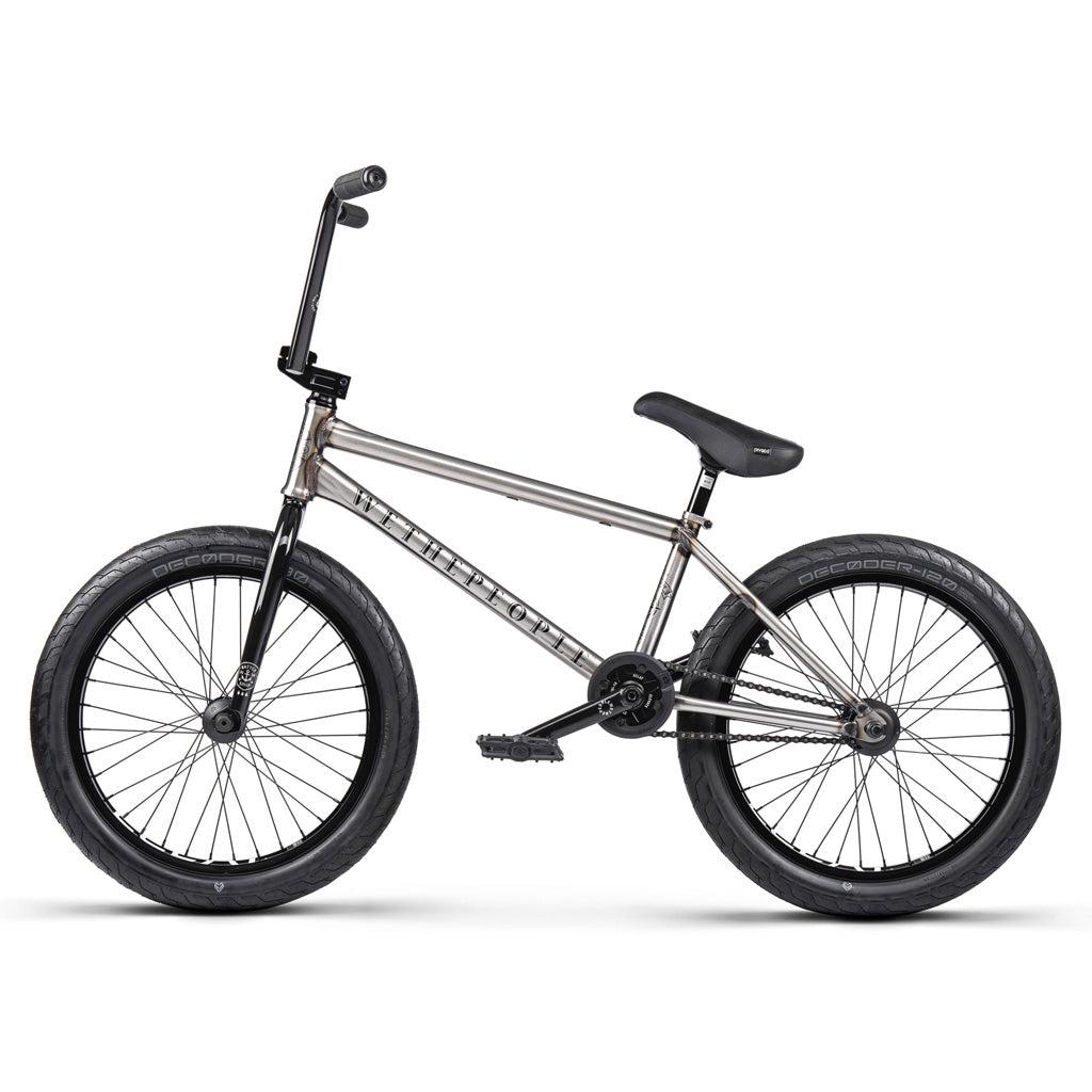 The Wethepeople Battleship 20 Inch Bike is shown in side profile on a white background, featuring a durable Chromoly frame, Eclat components, and black handlebars, seat, and tires.