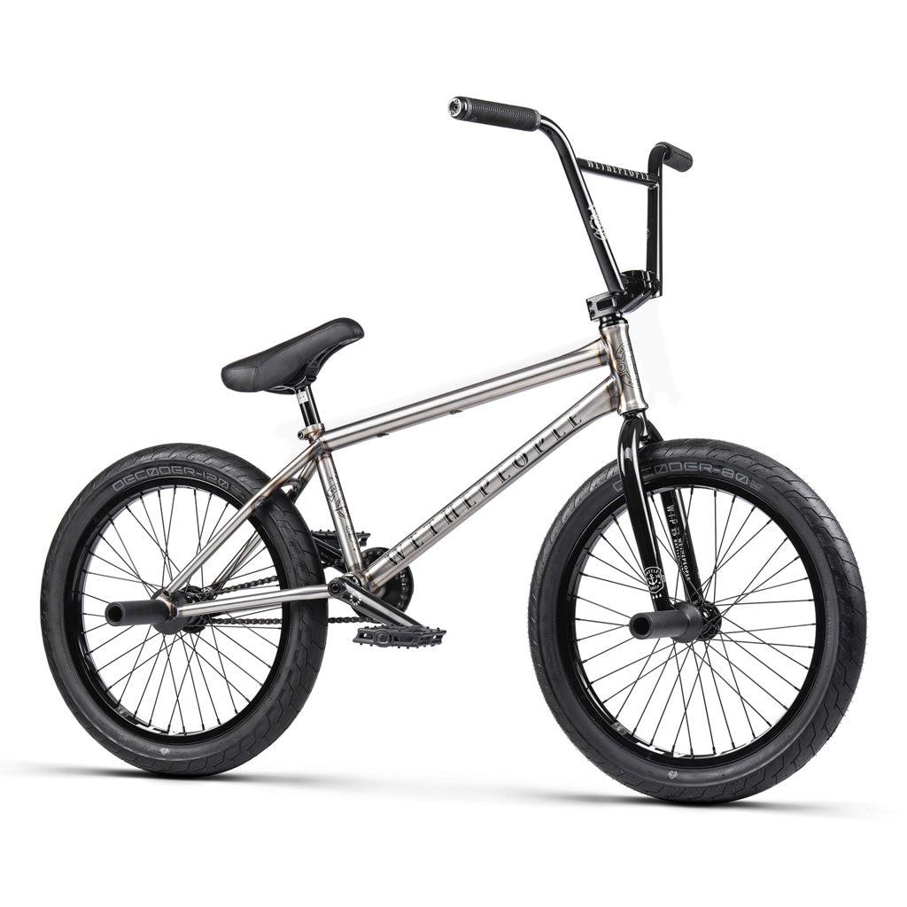 The Wethepeople Battleship 20 Inch Bike features a silver Chromoly frame, Eclat components, black handlebars, seat, and tires, displayed against a white background.