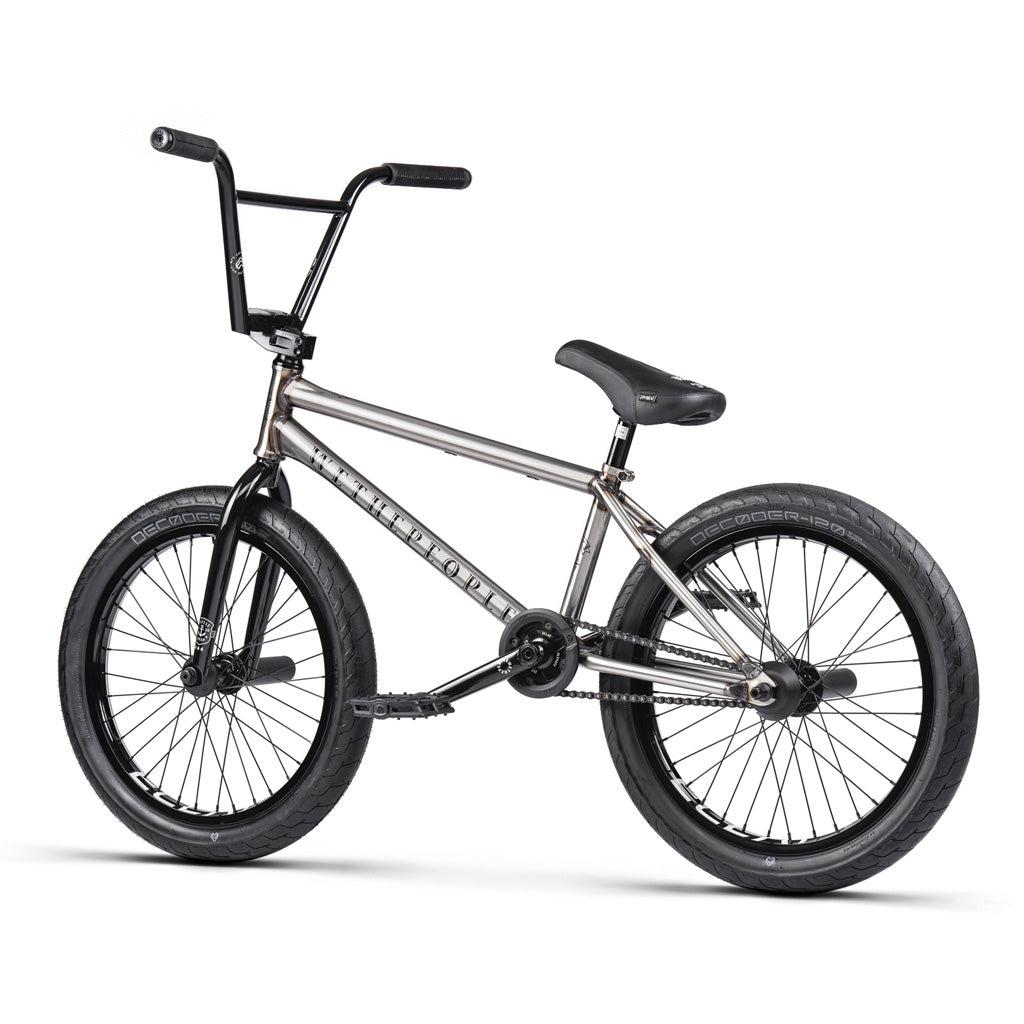 The Wethepeople Battleship 20 Inch Bike features a silver Chromoly frame with black handlebars, seat, pedals, and tires, displayed against a white background.