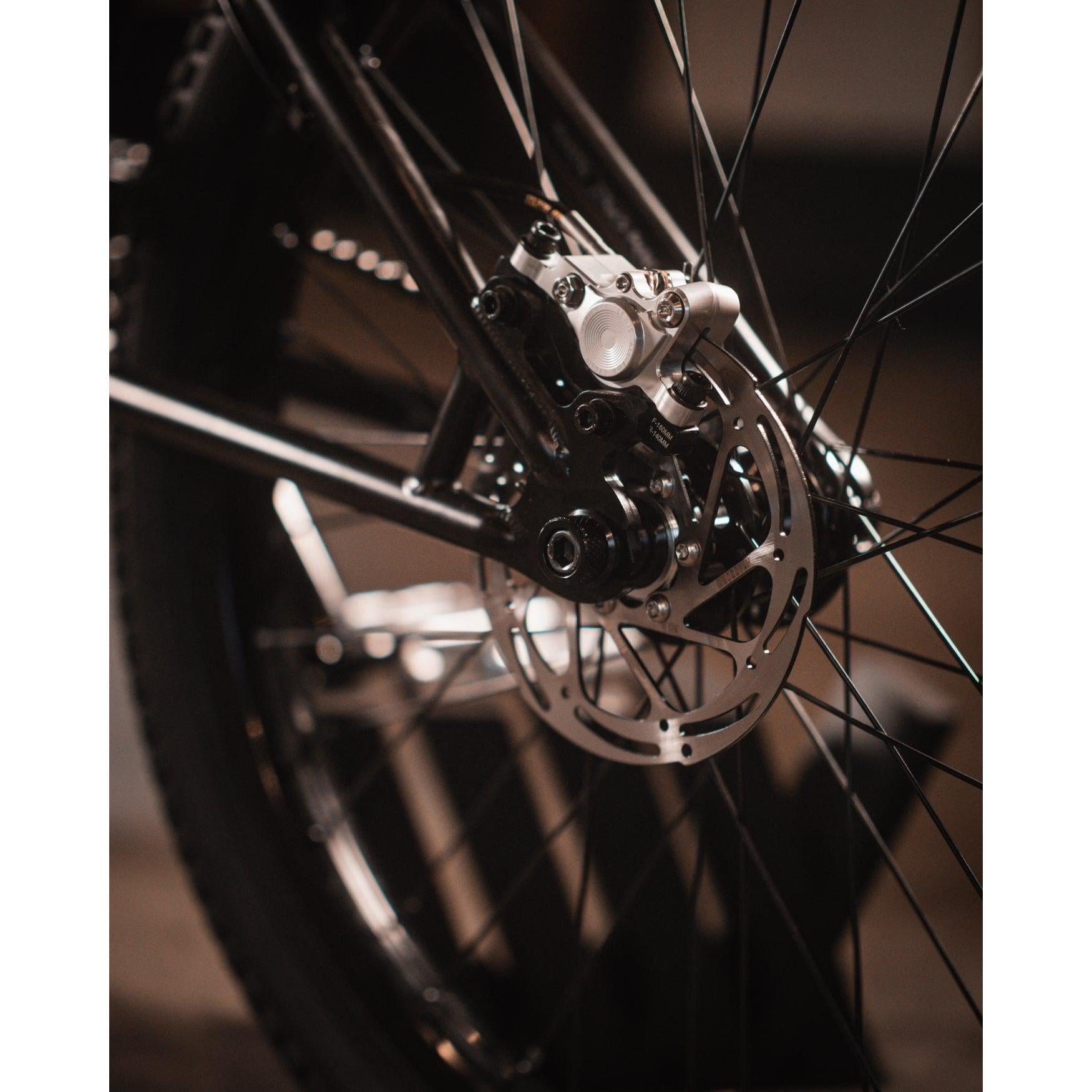 Close-up of a bicycle wheel focusing on the disc brake mechanism, showcasing the intricate details of the brake caliper and rotor, as seen on the Wethepeople Chaos Machine 22 Inch Custom Bike.