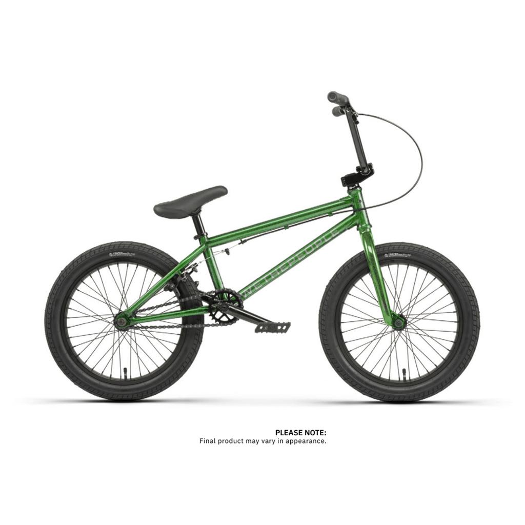 The Wethepeople CRS 18 Inch BMX Bike boasts a vivid green frame paired with black tires and a sleek black seat. Displayed on a white backdrop, it includes the note: "PLEASE NOTE: Final product may vary in appearance.