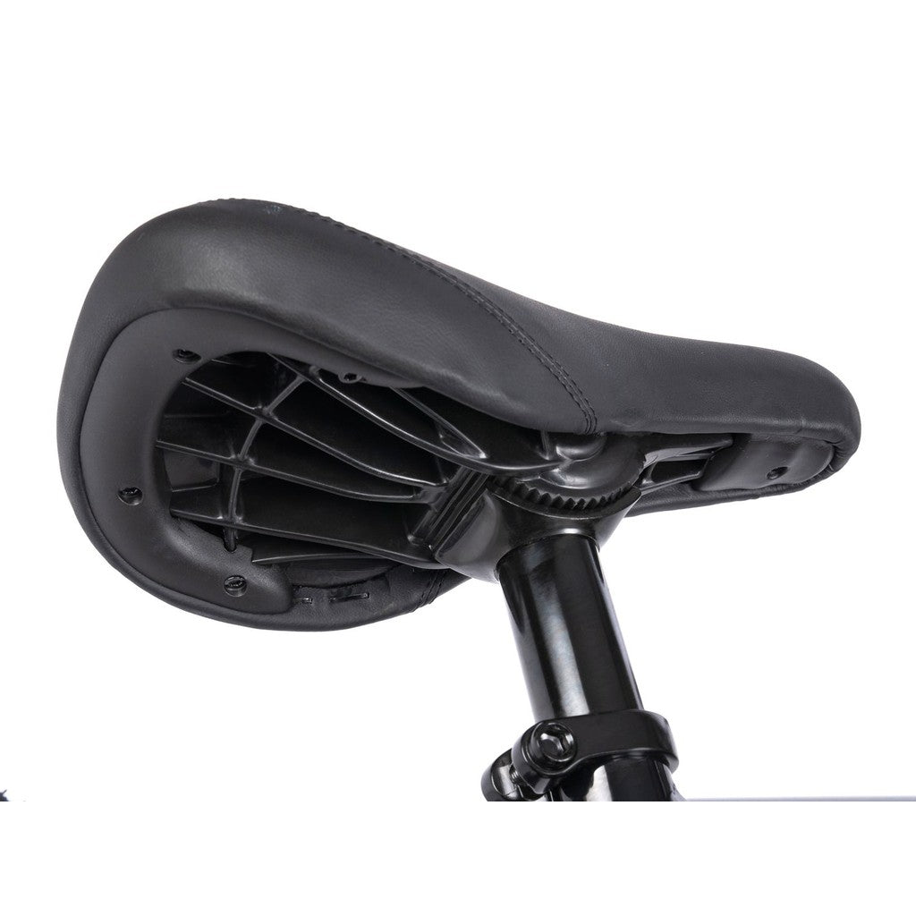 Close-up view of a black bicycle seat and its adjustment mechanism on the Wethepeople CRS FS 18 Inch Bike.