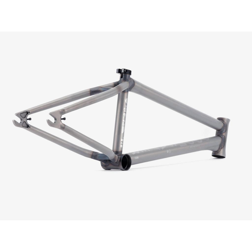 The Wethepeople Doomsayer Frame, a raw metal street frame with progressive geometry, visible welds, and classic tubes—top, down, seat tube, chainstays, and seatstays—is shown on a white background.