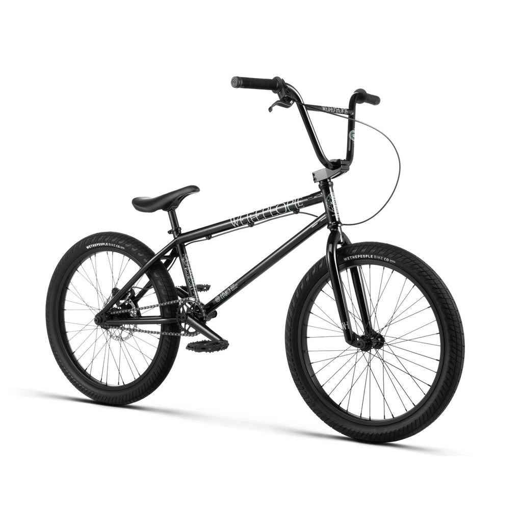 The Wethepeople Havoc 22 Inch Bike, shown in black with thick tires, a padded seat, straight handlebars, and front and rear brakes against a white background, is also disc brake-ready for added stopping power.