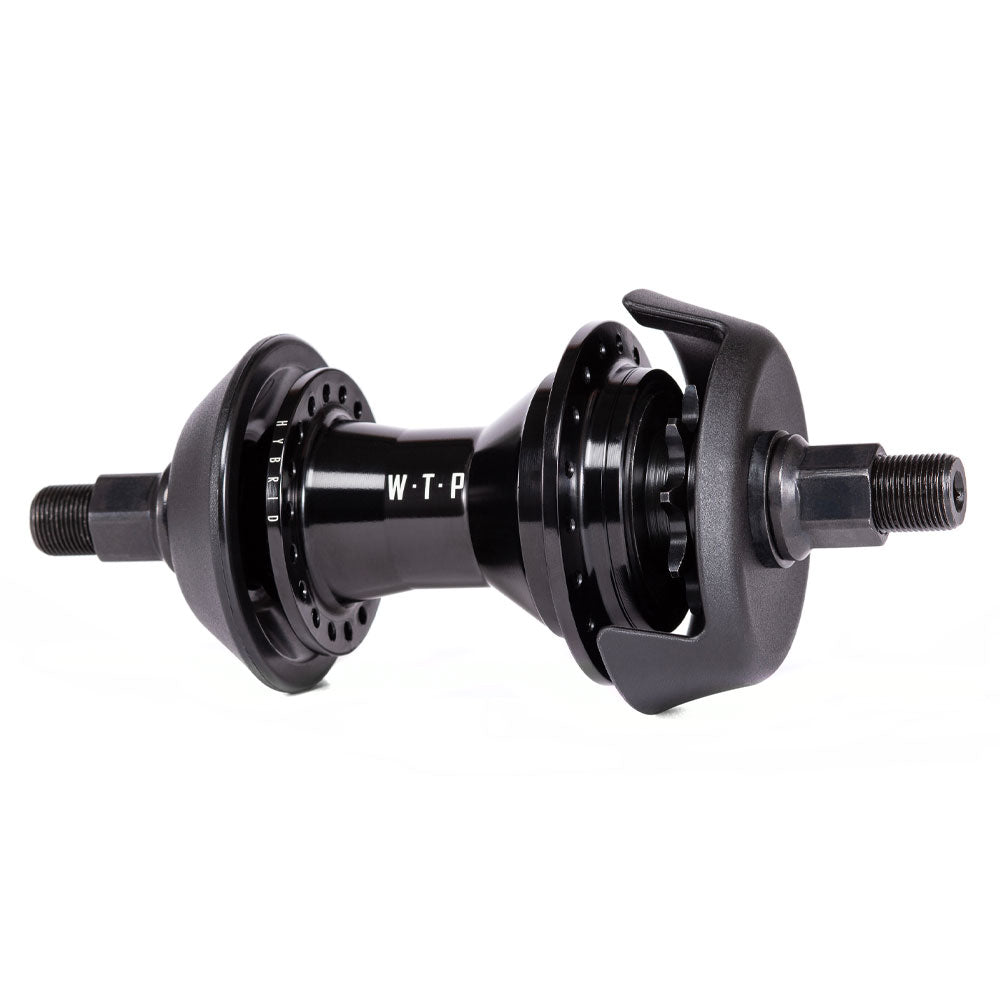 The Wethepeople Hybrid Hub is a black metal bicycle hub with visible bearings, "W-T-P" etched on the side, and features a patented Magnetic Pawl Retention System.