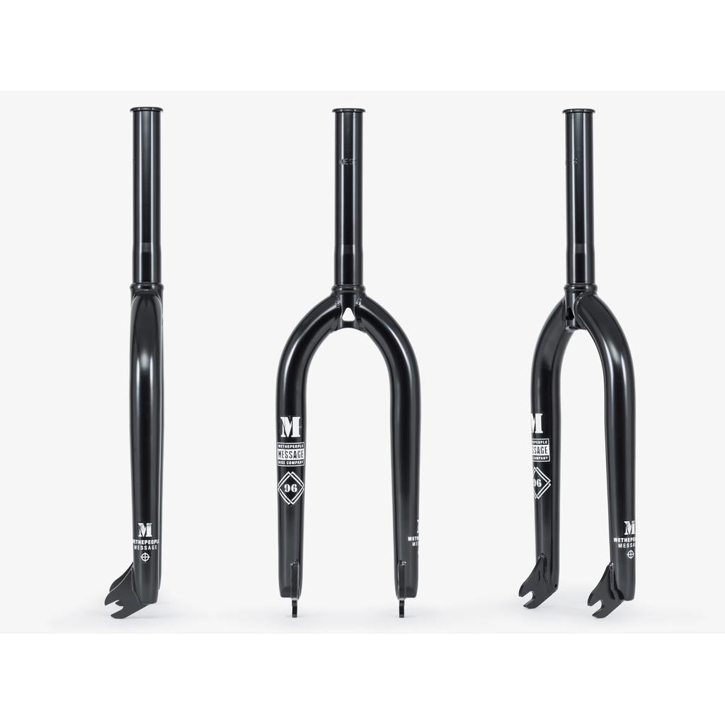 Three views of the durable black Wethepeople Message Fork with "M" and "Message" logos for park riders, showing front, angled, and side perspectives. It includes a lifetime guarantee.