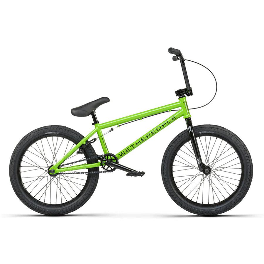 The Wethepeople Nova 20 Inch Bike boasts a vibrant green frame with sleek black tires, handlebars, and seat, and is equipped with reliable Salt Rookie Cranks for optimal performance.