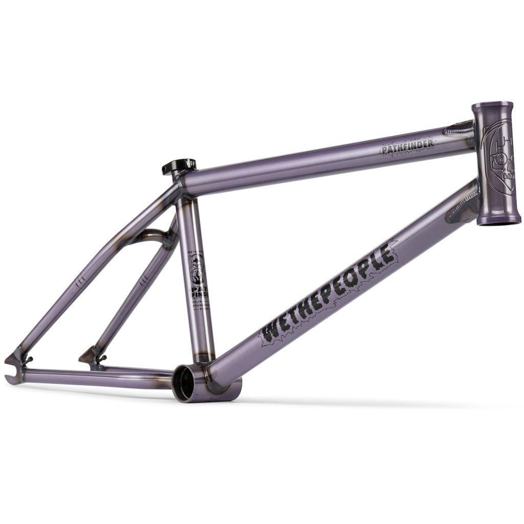The Wethepeople Pathfinder Frame BMX, a matte metallic frame designed with Felix Prangenberg, features "Wethepeople" on the downtube and "Pathfinder" on the top tube, displayed against a white background.