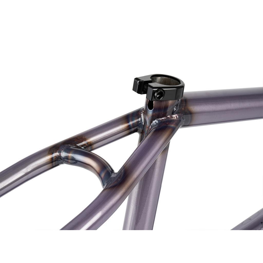 Close-up of the Wethepeople Pathfinder Frame, highlighting its metallic finish, detailed welds, and black seat post clamp—Felix Prangenberg inspired—set against a white background.