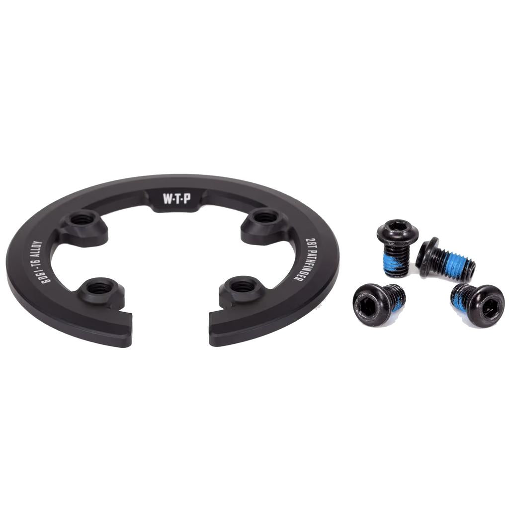 The Wethepeople Pathfinder Sprocket Guard (28T), a black alloy circular bike chainring bash guard with four bolt holes, WTP branding, and four black bolts with blue threadlocker, is shown on a white background.
