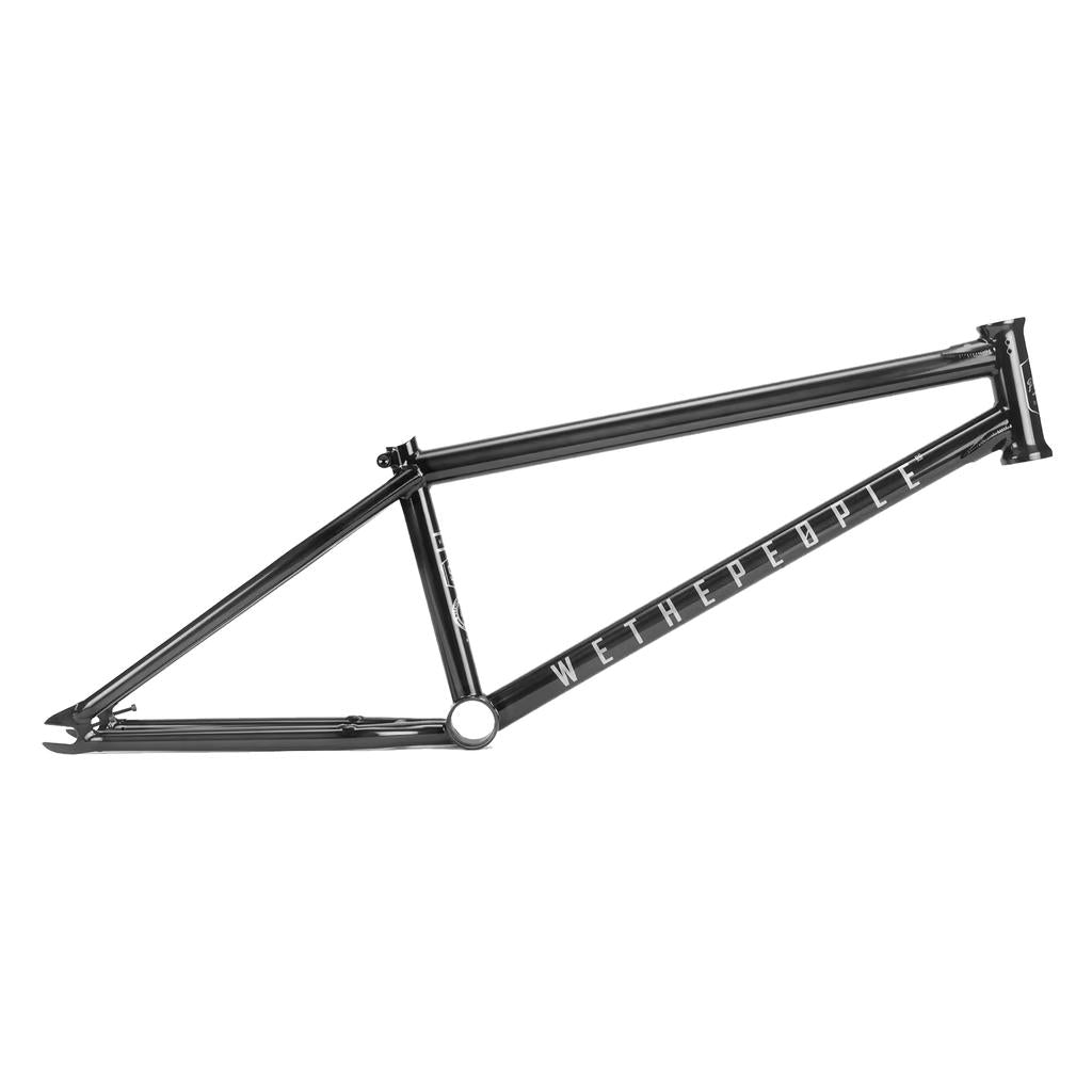The Wethepeople Patrol Frame, a black BMX frame made from 4130 chromo tubing with "WETHEPEOPLE" on the downtube, is ideal for trails and transition riding. Displayed against a clean white background.