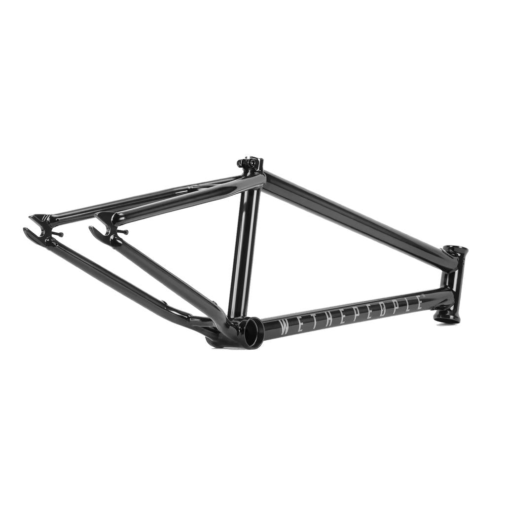 The Wethepeople Patrol Frame, made from Japanese seamless 4130 chromoly tubing in black, is displayed against a white background.
