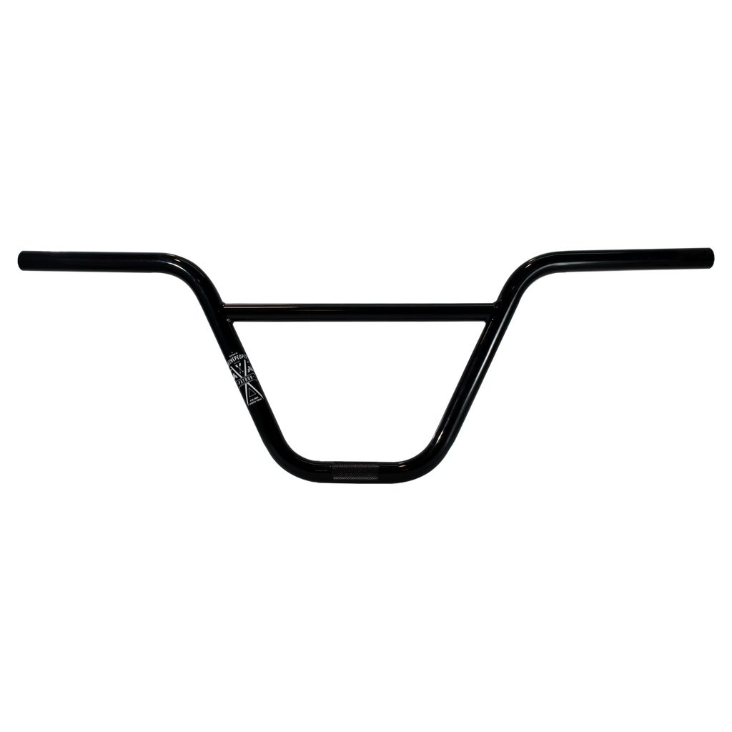 The Wethepeople Patron Bar (22.2mm Clamp) features black BMX handlebars with a crossbar and angled grips, crafted from durable 4130 chromoly for outstanding strength and reliability, presented against a white background. This design draws inspiration from the original WeThePeople Patron bar, ensuring peak performance.