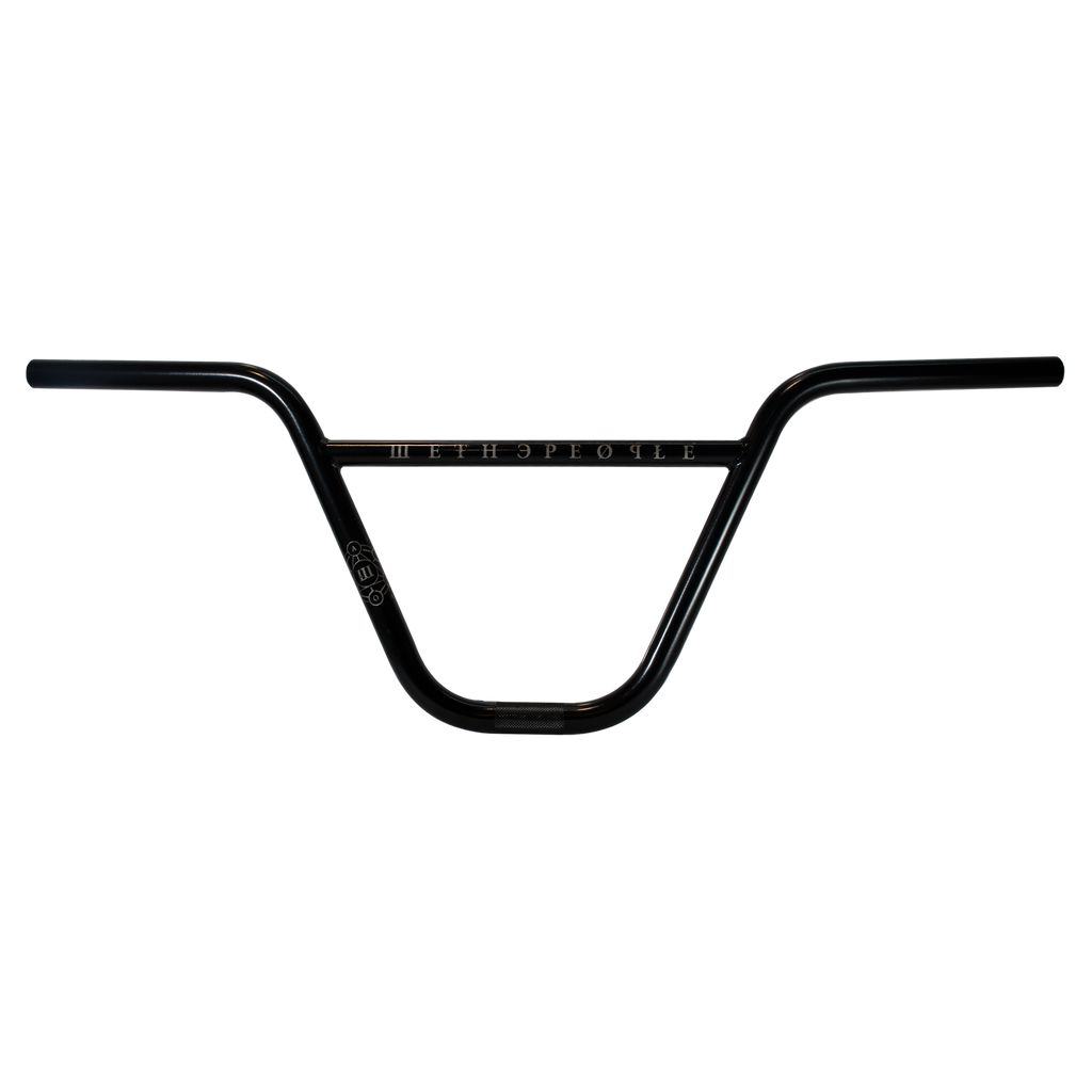 The Wethepeople Patron Bar (22.2mm Clamp) is a black BMX handlebar featuring a wide, flat top and angular design, crafted from durable 4130 chromoly and displaying the WeThePeople logo on the crossbar.