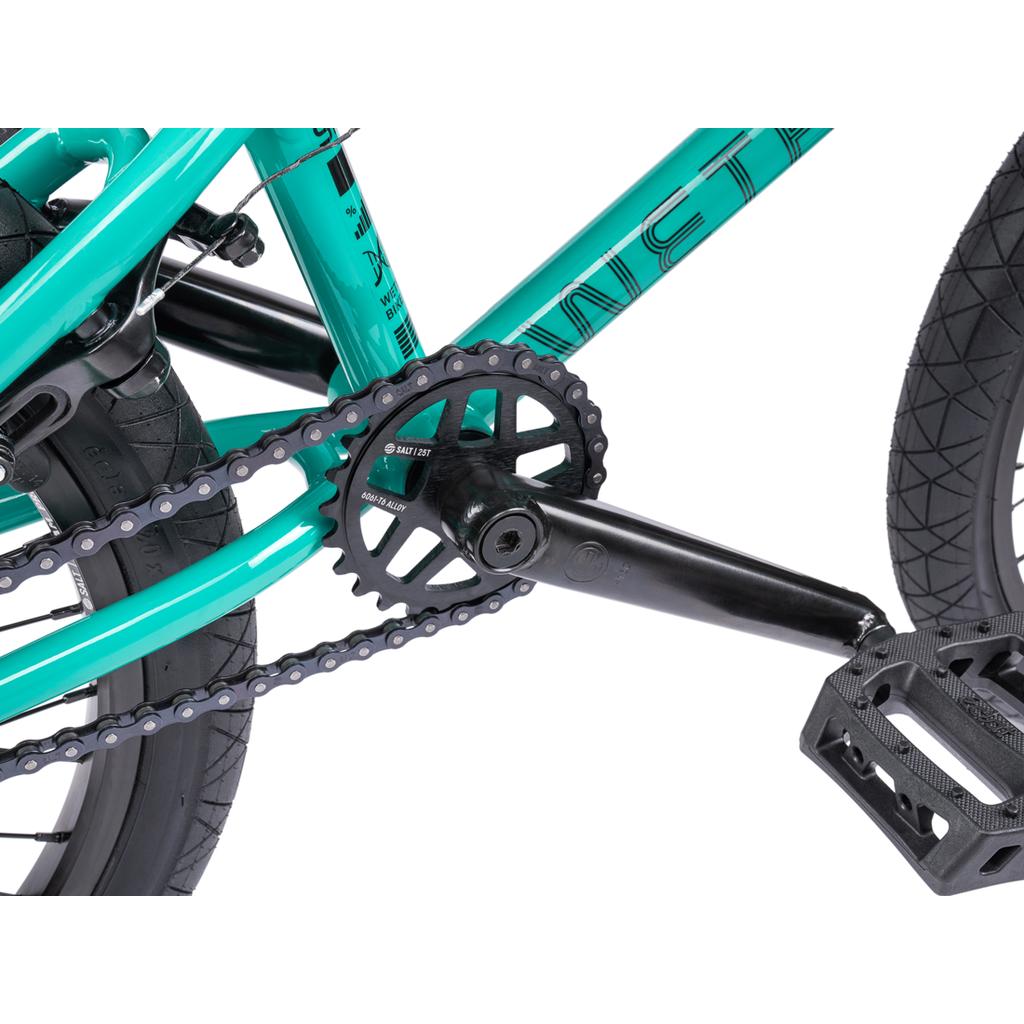 Close-up view of the Wethepeople Sinus Flatland 20 Inch Bike drivetrain, highlighting the chain, chainring, crank arm, pedal, rear wheel, and flatland-specific Mugen tires.