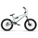 The Wethepeople Swampmaster 20 Inch Bike, featuring BMX components, thick Maxxis tires, a black seat, and disc brakes, is shown in profile against a white background.
