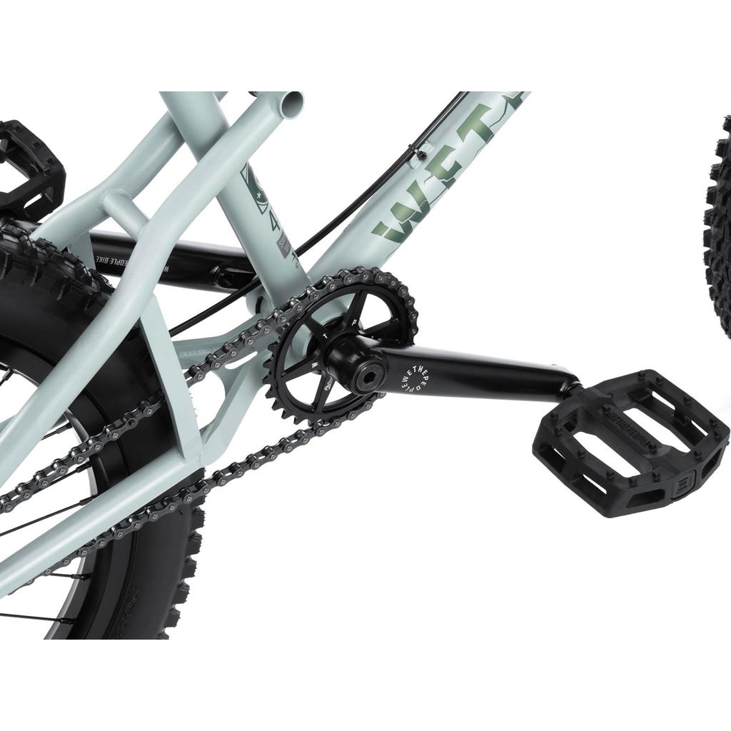 Close-up of the Wethepeople Swampmaster 20 Inch Bike's drivetrain, featuring the pedal, crank arm, chainring, chain, plus sections of the frame and rear wheel.