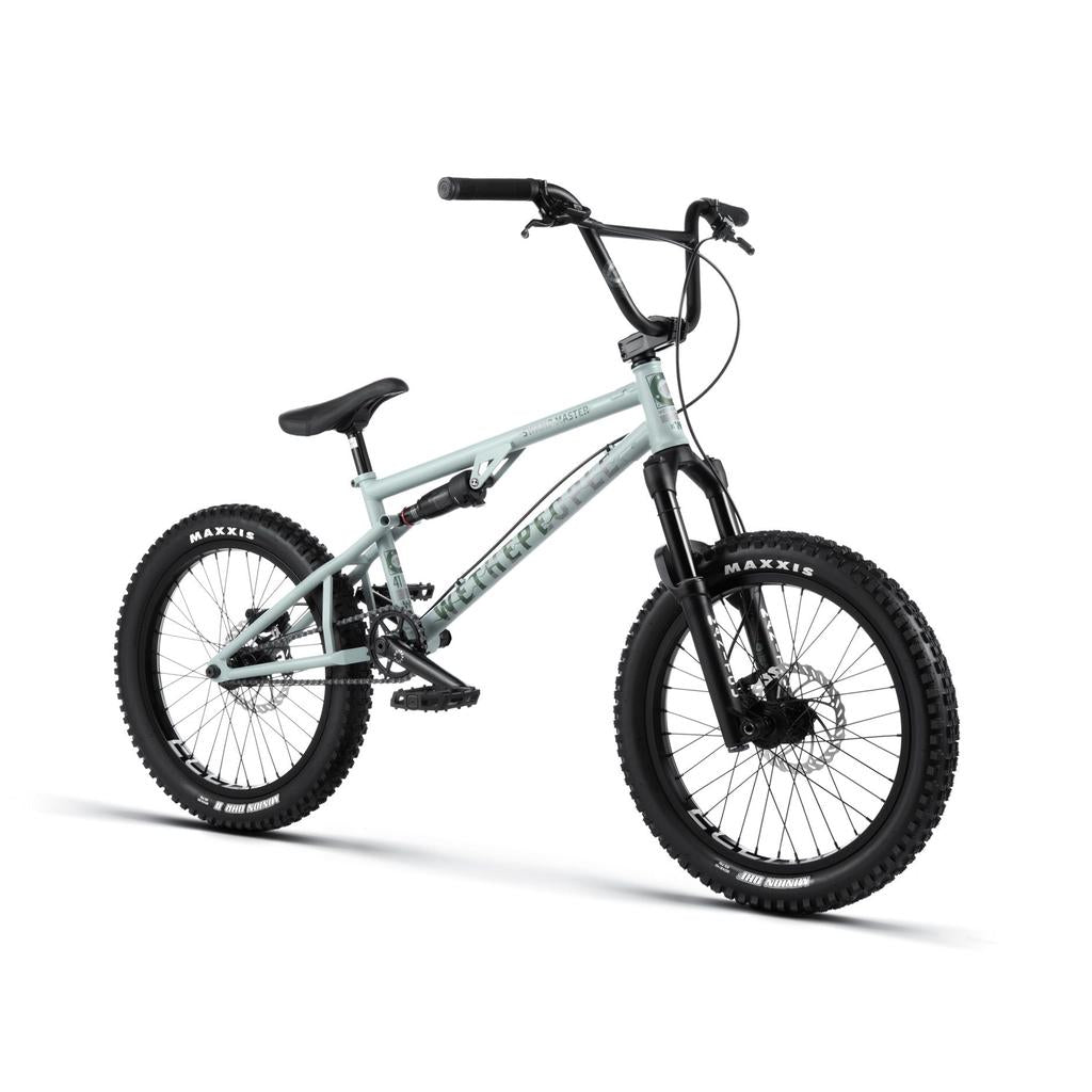 The Wethepeople Swampmaster 20 Inch Bike is a light blue BMX with premium components, black handlebars, seat, and tires, displayed against a white background.