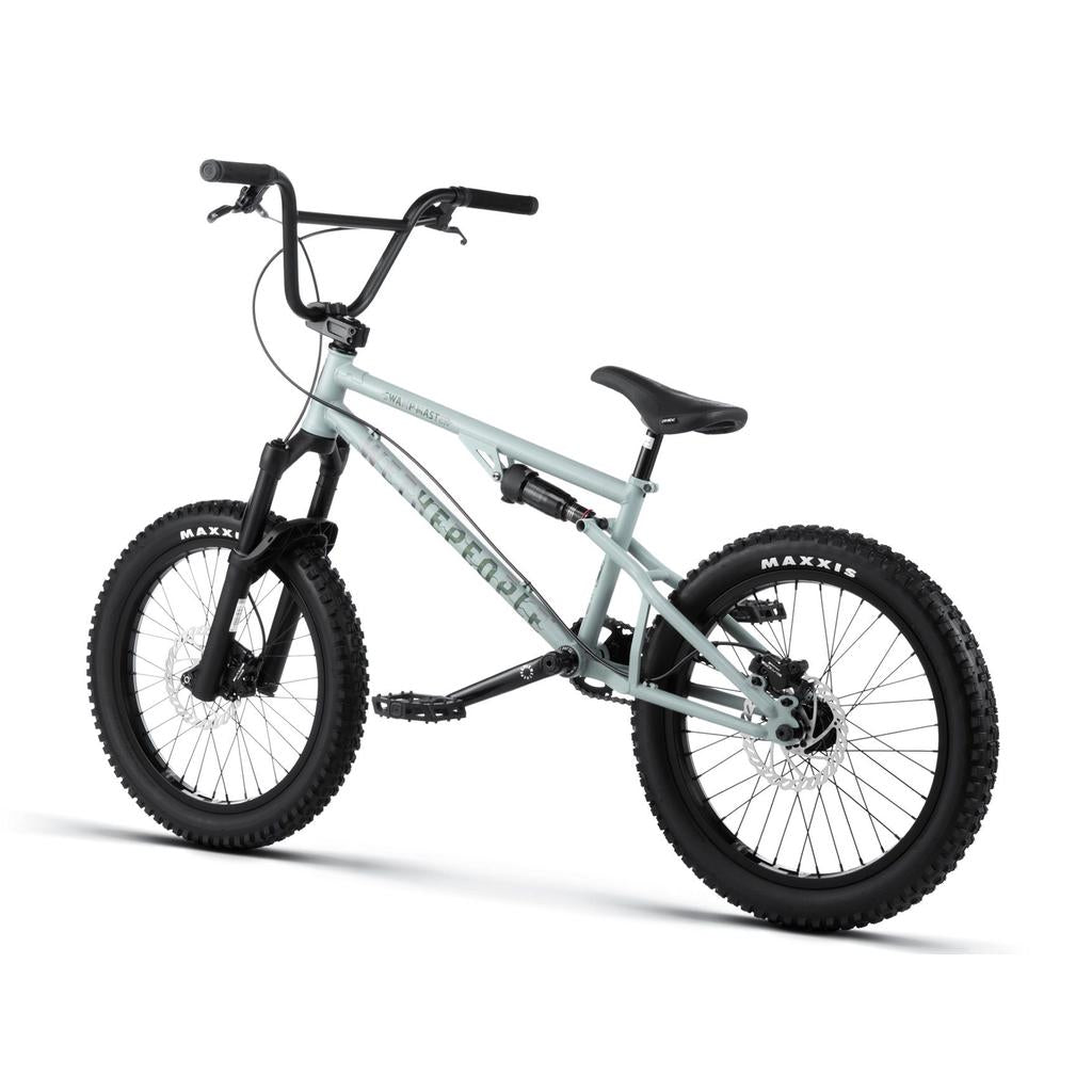 The Wethepeople Swampmaster 20 Inch Bike, a light gray BMX with MTB fusion features, black handlebars, seat, and Maxxis tires is shown at an angle against a white background.