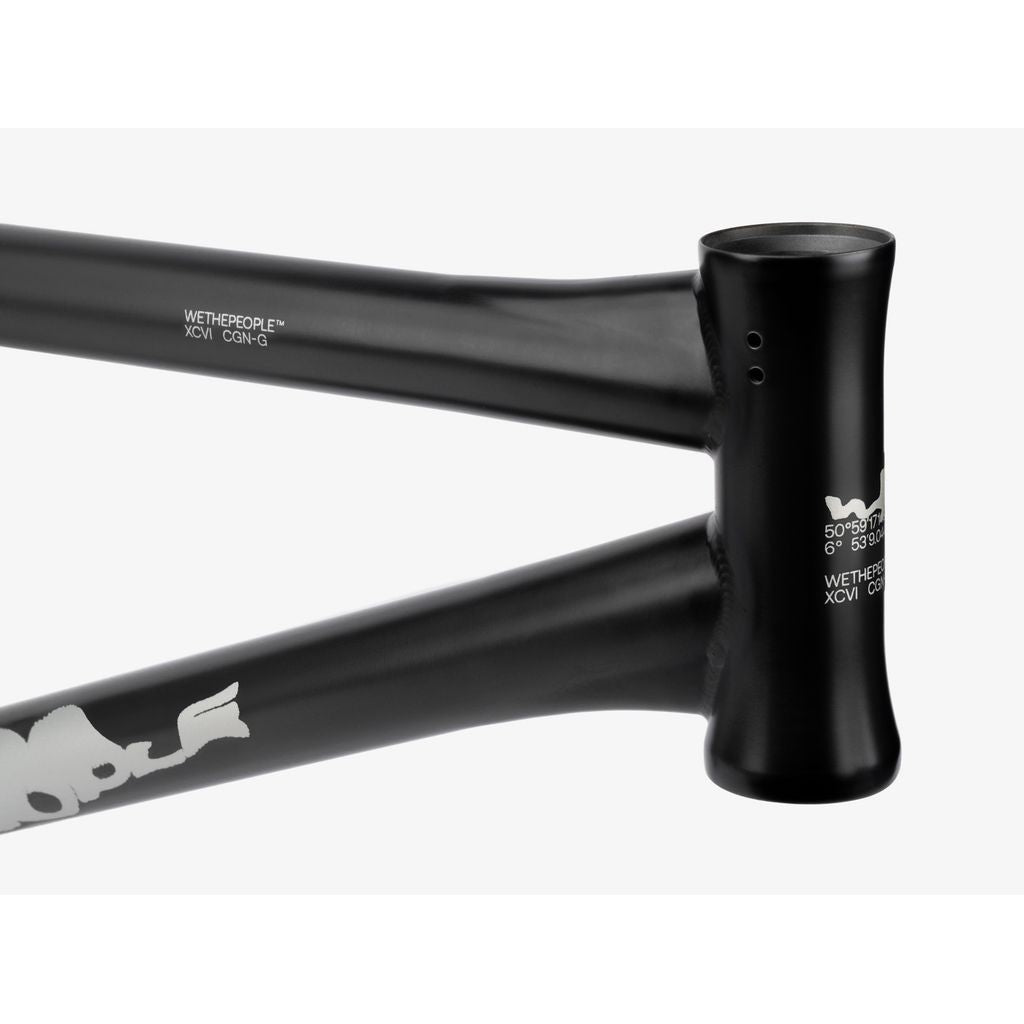 Close-up of a black Wethepeople Tomorrow Frame bicycle with white decals, highlighting its minimalist design and BMX-like connection points.