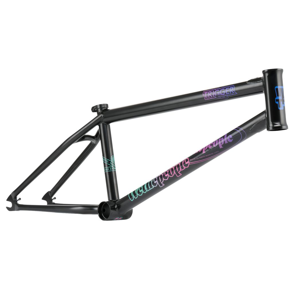 The Wethepeople Trigger Frame in black features colorful lettering and is equipped with an offset machined head tube for precise handling.