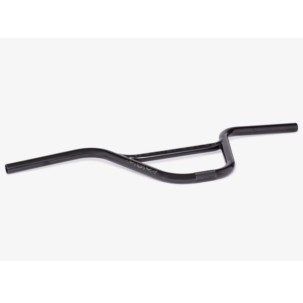 The Wethepeople Utopia Flatland Handlebar is a black BMX handlebar with a rise, slightly angled grips, and kinked crosstube design, set against a white background.