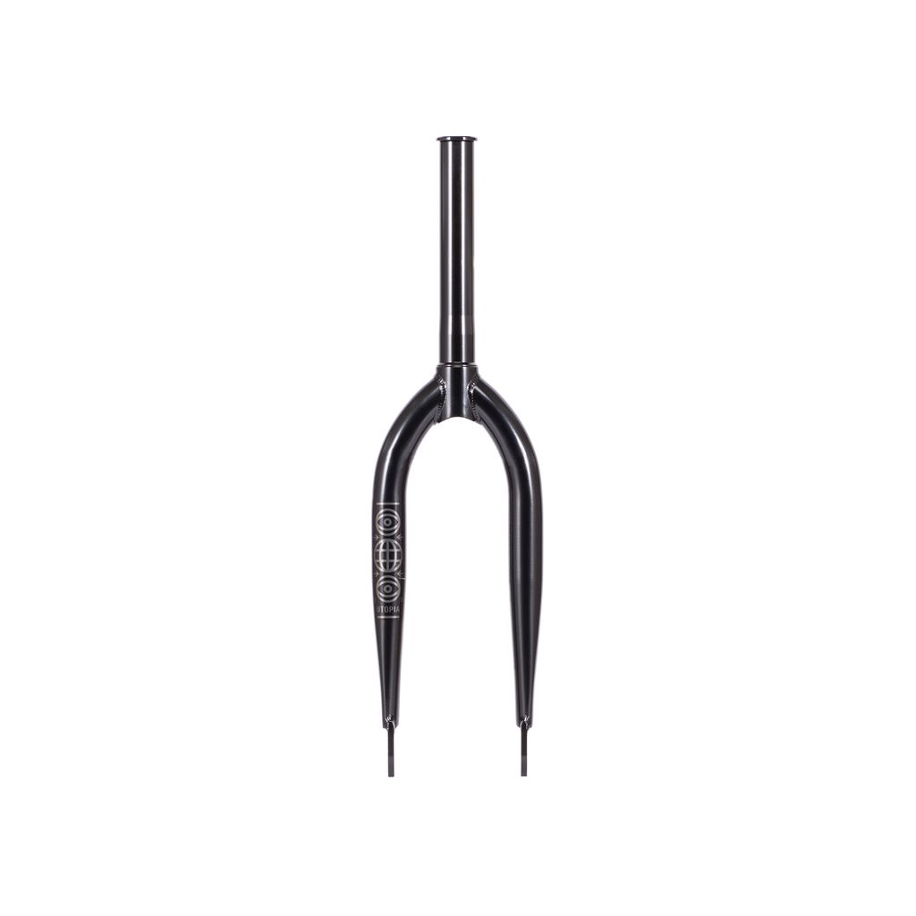 The Wethepeople Utopia Zero Flatland Fork is a black BMX fork featuring a CNC'd steerer tube, two fork blades, and white geometric graphics along the sides.