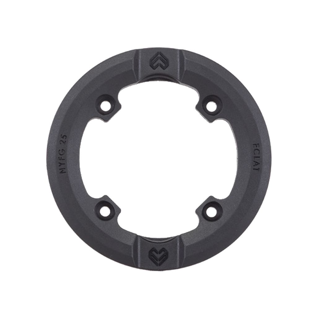 A circular, dark gray metal plate with four evenly spaced holes along its edge, labeled "NYFG 25" and "FC1A7," is designed to complement AK and ELEVATE sprockets for precise performance. This item is a Wethepeople Viper Sprocket Replacement Guard.