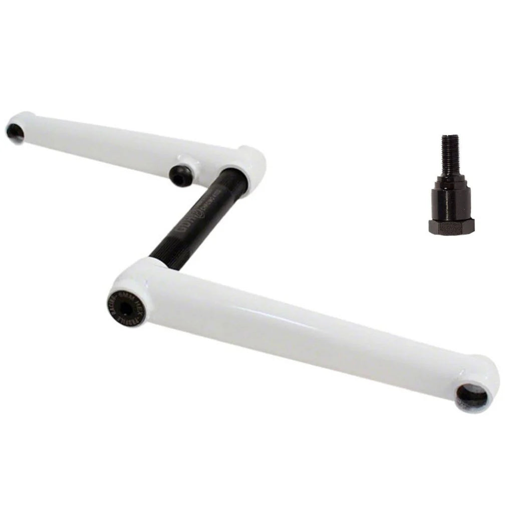 White BMX bike with Profile Race Cranks featuring black details and an installation bolt on the side.