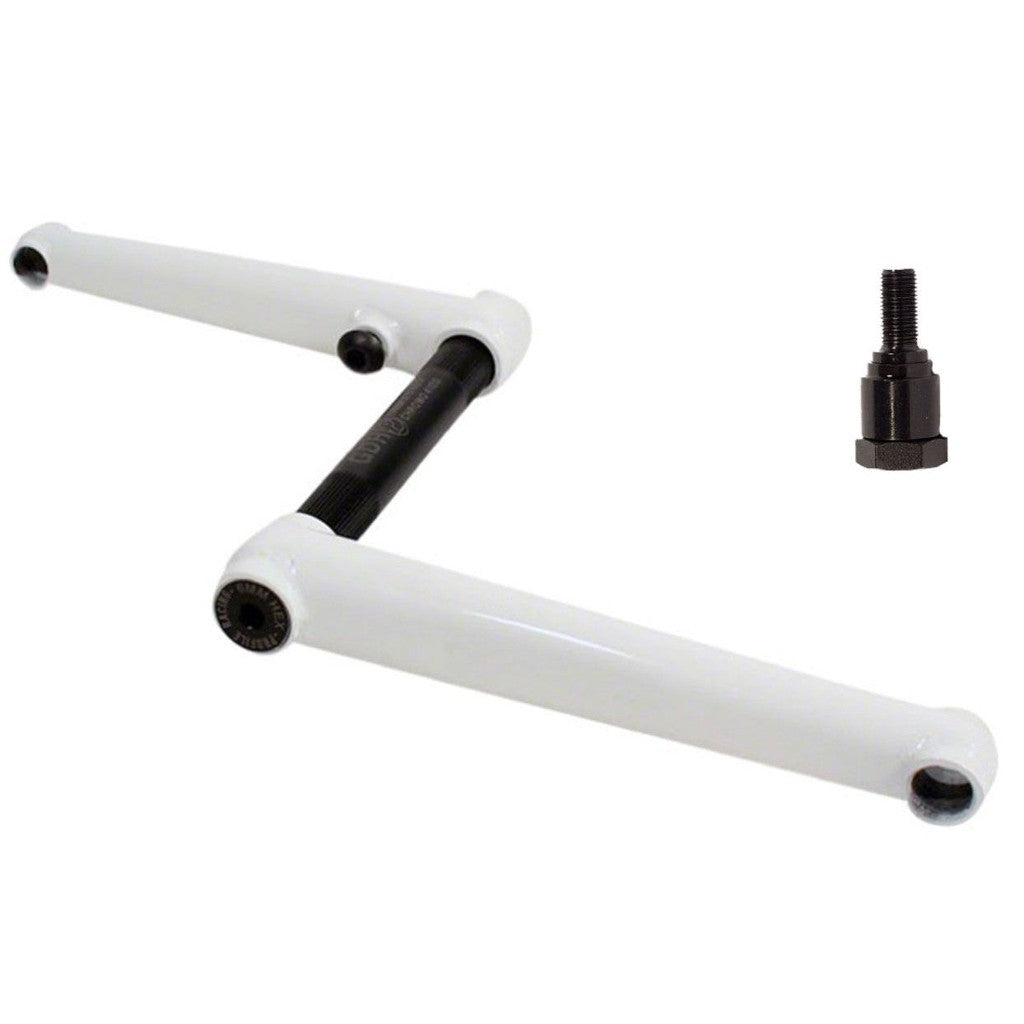 A white and black handlebar with Profile Race Cranks.