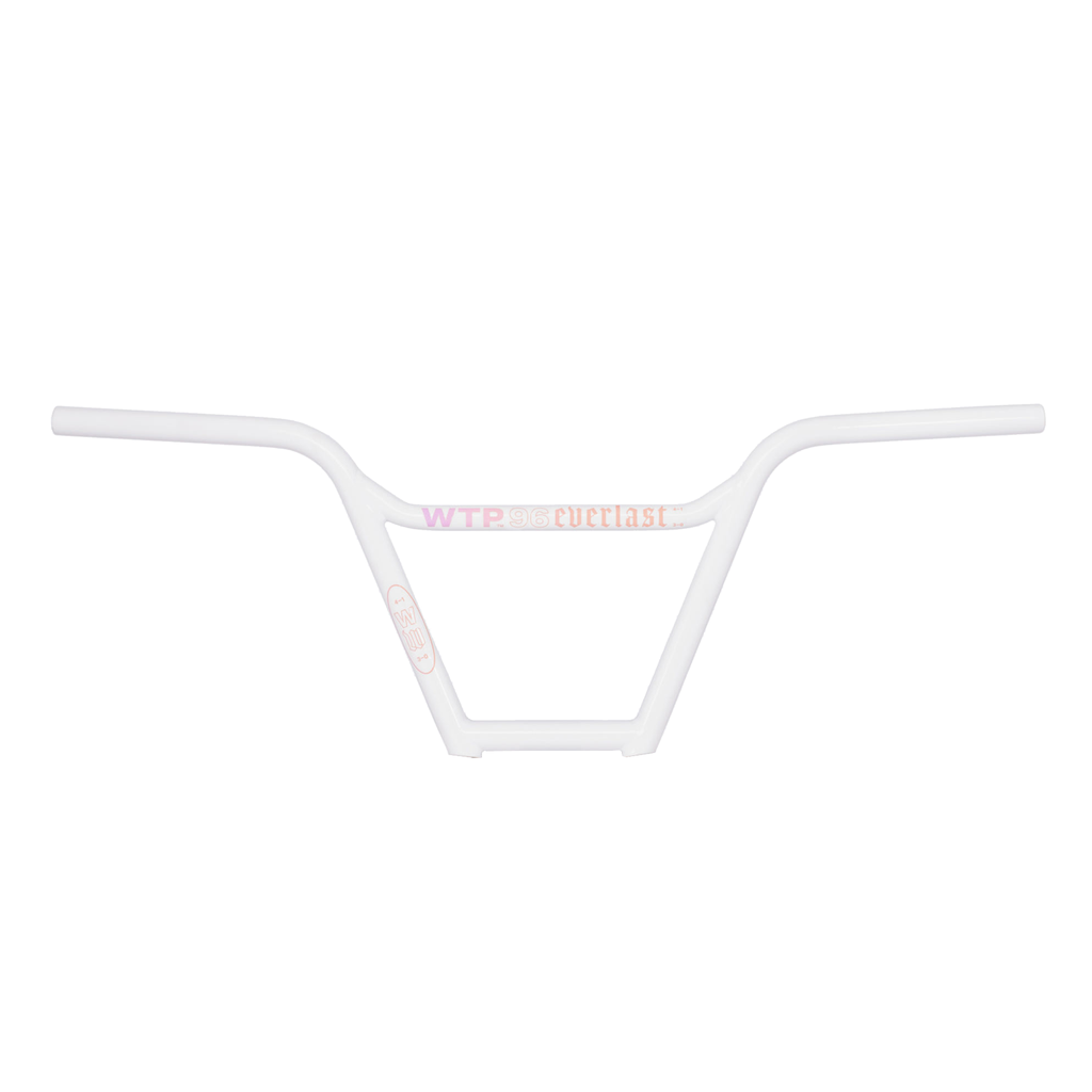 A Wethepeople Everlast Bars handlebar with a pink logo featuring the 4130 Crmo material.
