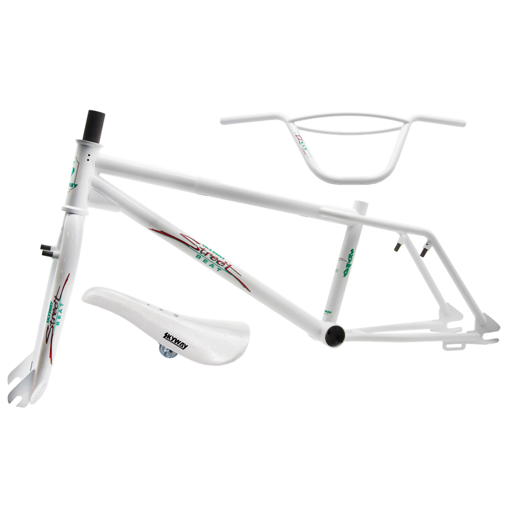A white Skyway Street Beat Replica Frame/Fork/Handlebar/Seat Kit BMX bike.