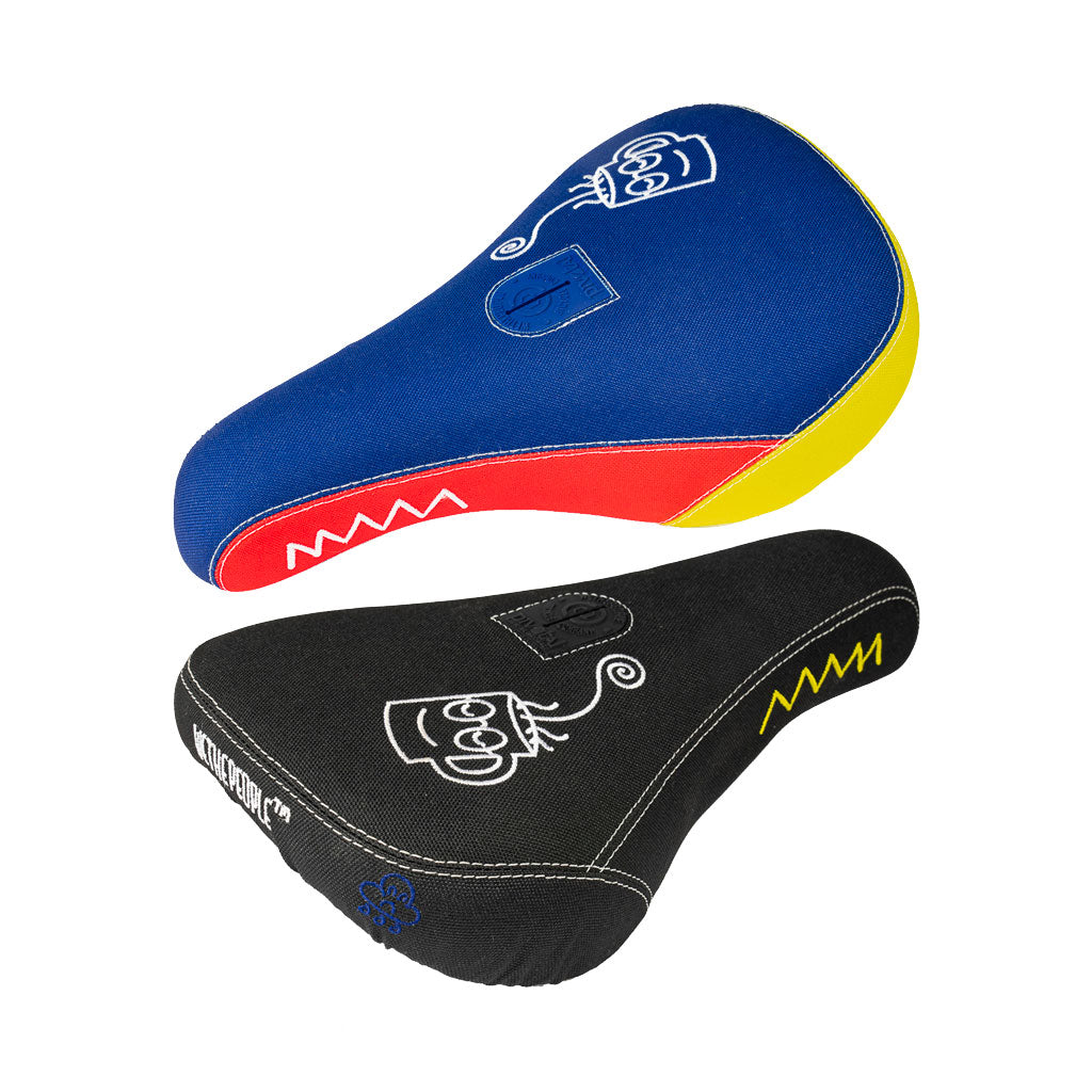 A pair of bicycle saddles featuring the special design of the Wethepeople Team Seat (Dan Banks), integrated with the innovative Pivotal system.