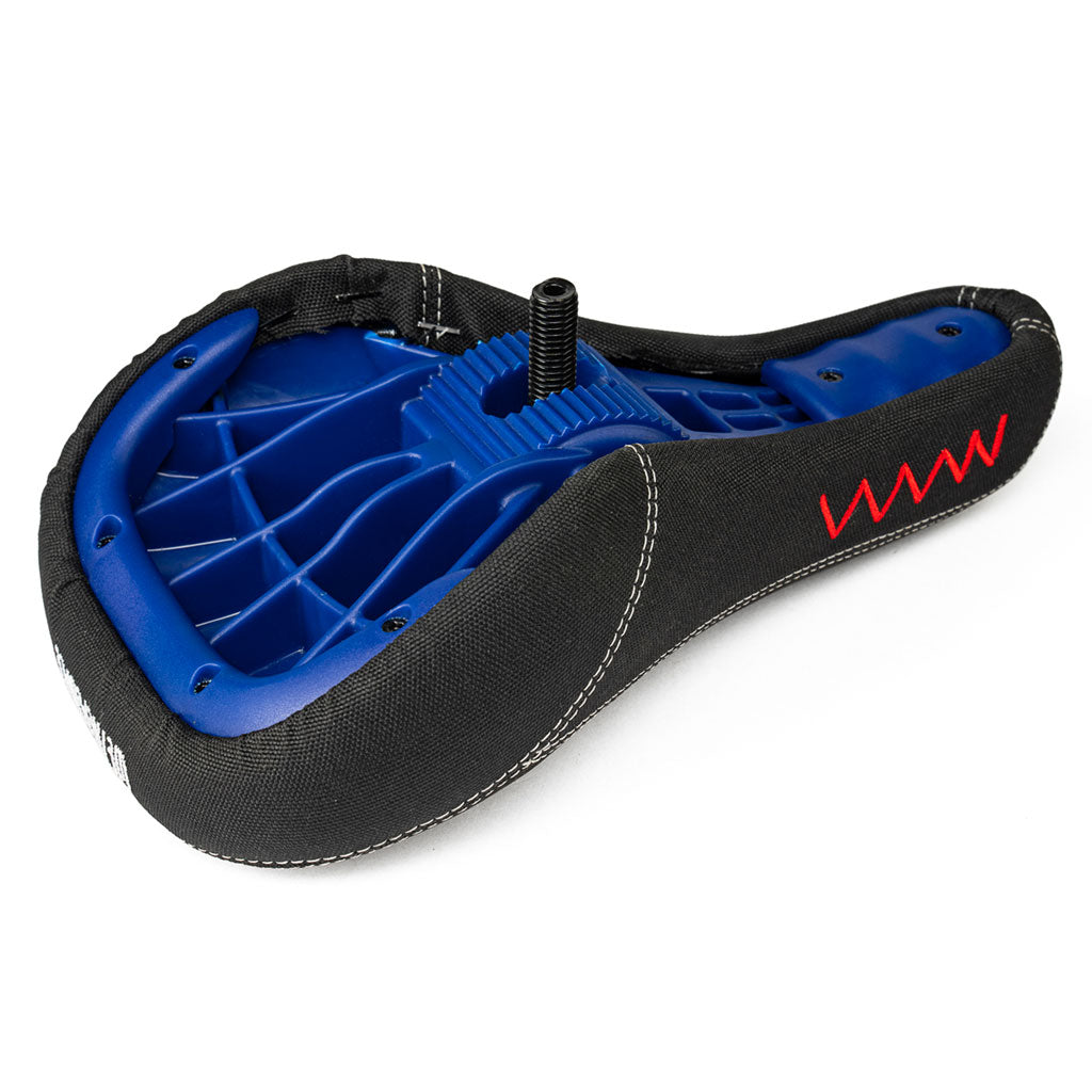 A blue Pivotal system bike seat with red and blue stripes, featuring the Wethepeople Team Seat (Dan Banks) signature design.