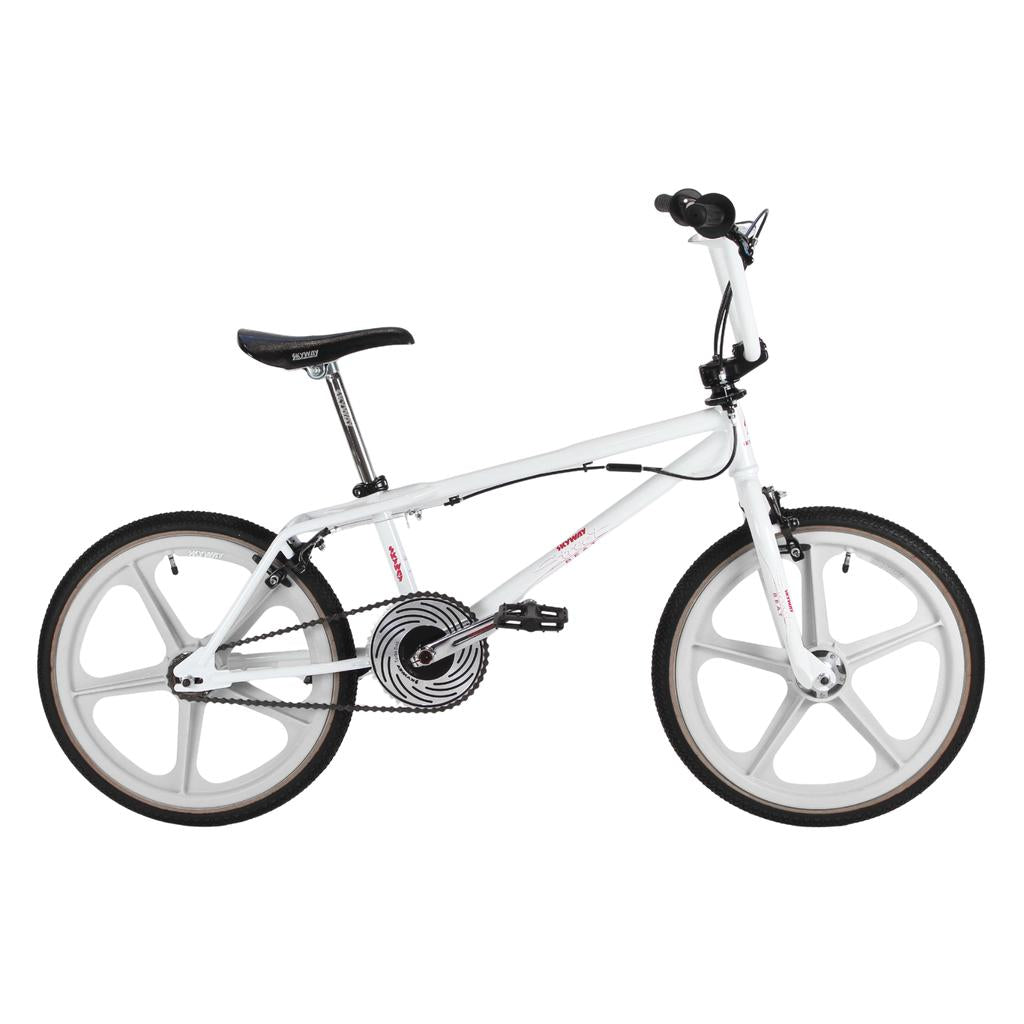 A white Skyway Street Beat EX 20 Inch Bike with a 4130 chromoly frame, black seat, black pedals, and five-spoke mag wheels is shown in profile on a white background.