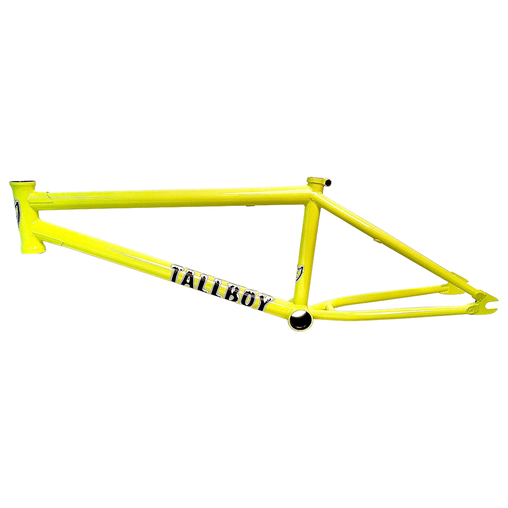 A yellow S&M Tall Boy (Charlie Crumlish) frame with the word talboy on it.
