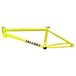 A yellow S&M Tall Boy frame with the word talboy on it. Made of 4130 Chromoly tubing.