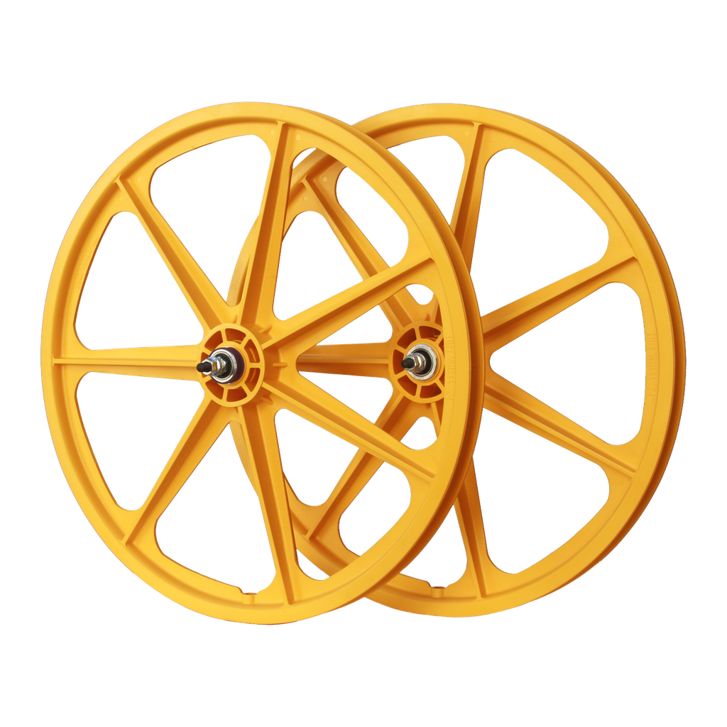 Two yellow Skyway Tuff II 24 inch 7 Spoke Wheels with black mag wheel design on a white background.