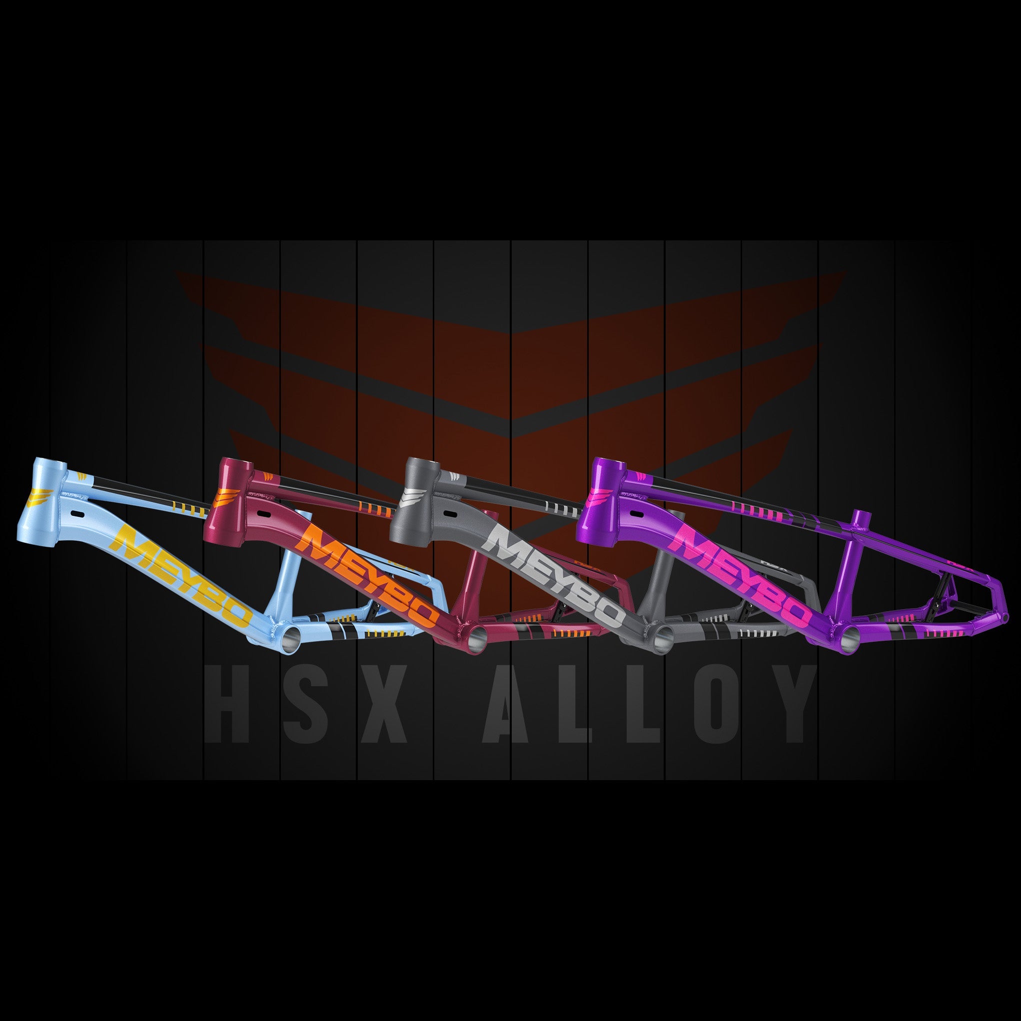 Three bicycle frames in blue, grey, and purple are displayed side by side with "MYEBO" branding, set against a dark background with "HSX ALLOY" text below.