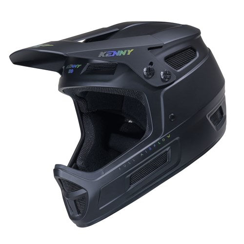 The Kenny Racing Elite Helmet Black is a matte black full-face motocross helmet featuring a visor and ventilation openings, with “KENNY” displayed on the side and front. Lightweight and engineered for optimal protection and comfort, this helmet is an excellent choice for youth BMX riders or anyone seeking a high-performance BMX race helmet.