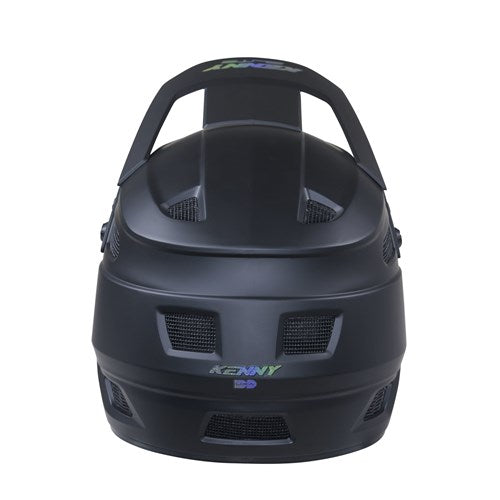 The Kenny Racing Elite Helmet Black features a sleek black finish with a visor, rear spoiler, and multiple ventilation openings, shown here from the back. This lightweight helmet combines an aerodynamic design with advanced protection, making it an ideal high-performance choice for BMX racers.